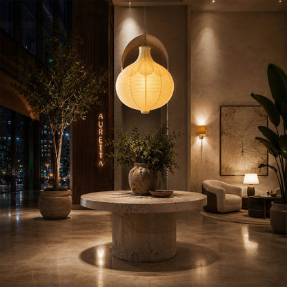 Mayu pendant light 22.4 inch modern breakfast nook round table cozy intimate warm ambient sculptural oval cocoon Japandi Japanese lifestyle interior