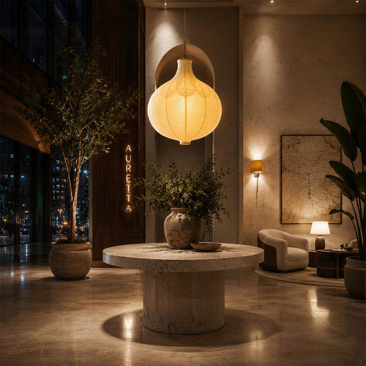 Mayu pendant light 22.4 inch modern breakfast nook round table cozy intimate warm ambient sculptural oval cocoon Japandi Japanese lifestyle interior