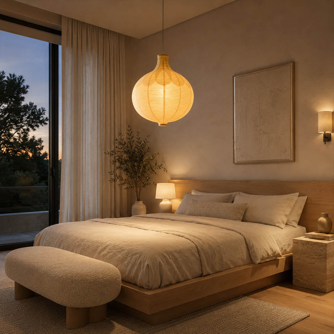 Mayu pendant light 22.4 inch primary bedroom sculptural ceiling anchor warm ambient cocoon oval Japandi Wabi Sabi Japanese lifestyle interior