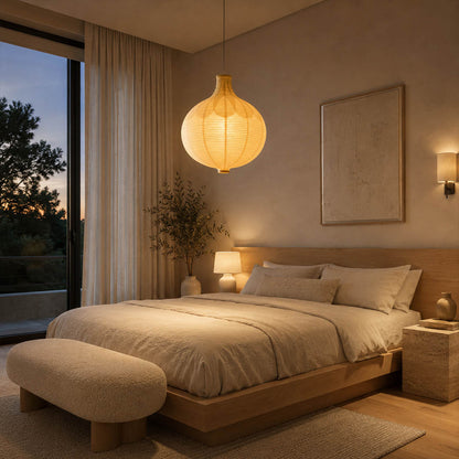 Mayu pendant light 22.4 inch primary bedroom sculptural ceiling anchor warm ambient cocoon oval Japandi Wabi Sabi Japanese lifestyle interior