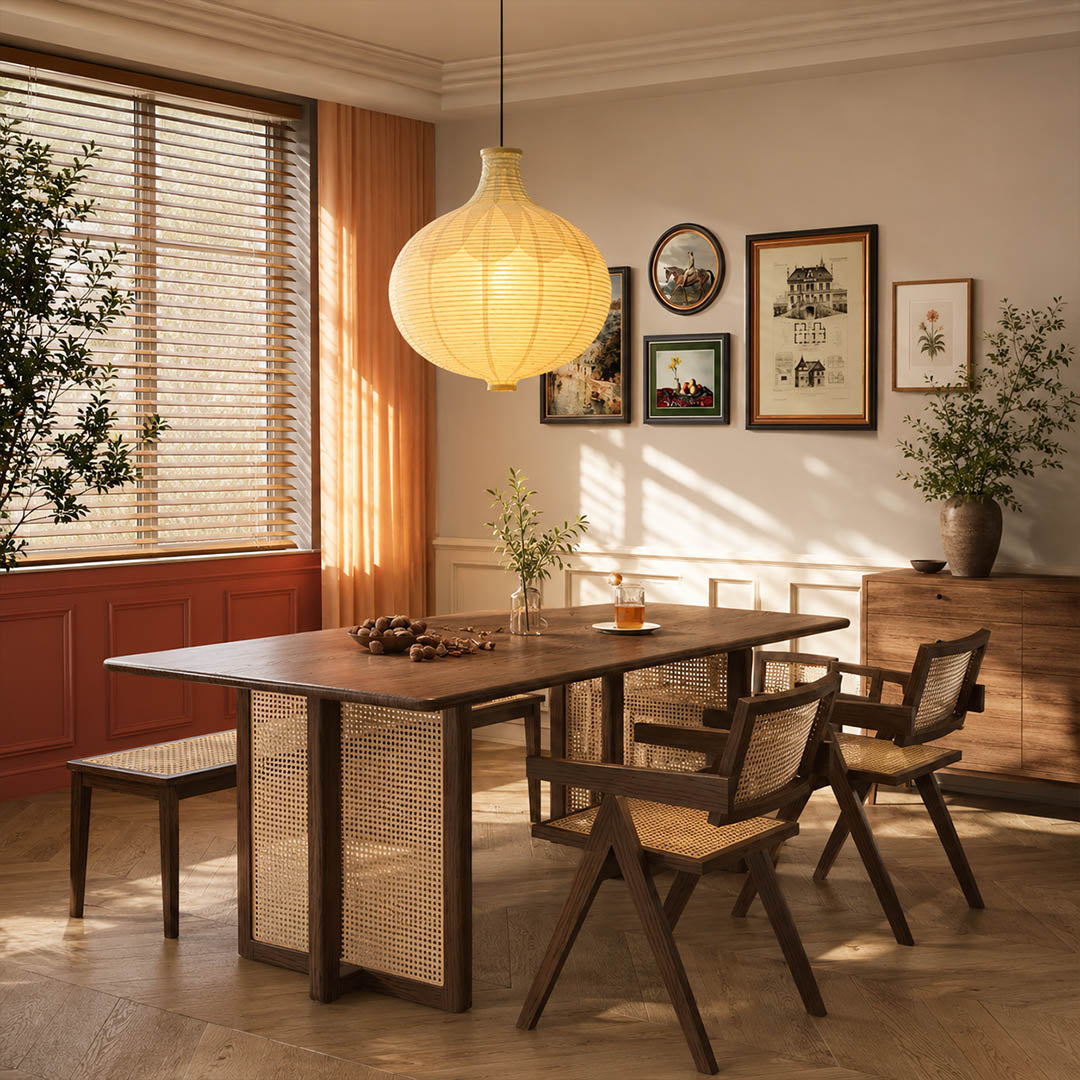 Mayu pendant light 22.4 inch modern dining room rectangular table statement warm ambient sculptural oval cocoon Japandi Zen Japanese elegant lifestyle interior