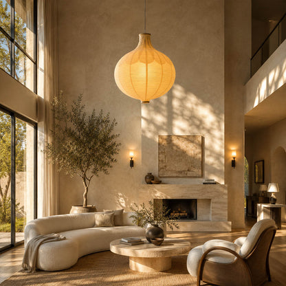 Mayu pendant light 22.4 inch modern dining room rectangular table statement warm ambient sculptural oval cocoon Japandi Zen Japanese elegant lifestyle interior