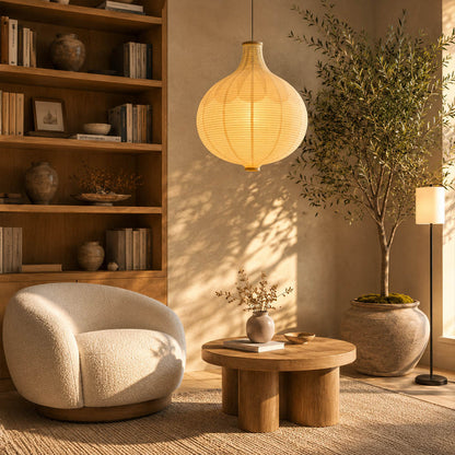 Mayu pendant light 22.4 inch reading corner armchair cozy intimate warm ambient sculptural oval cocoon Japanese Japandi lifestyle interior