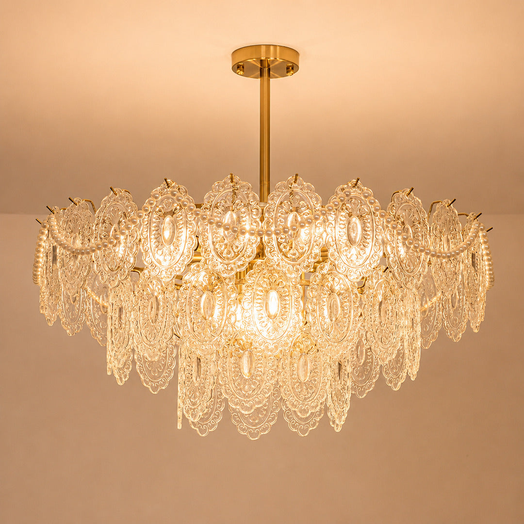 Three-layer 31.5-inch Merletto tiered glass chandelier with pearl-style accents