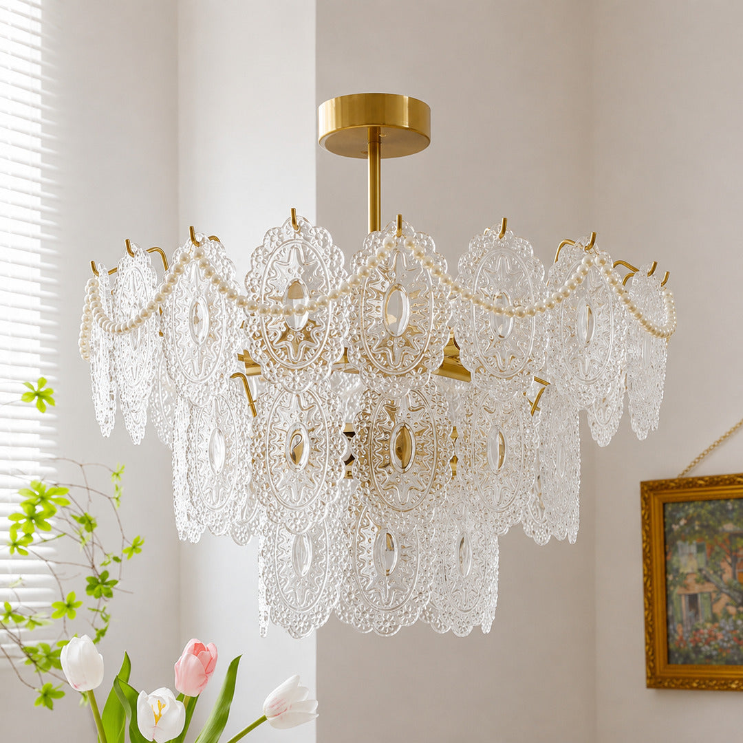 Close-up of the rippled lace-pattern glass panels on the Merletto chandelier