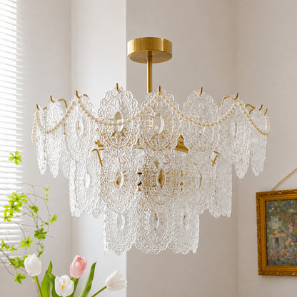 Close-up of the rippled lace-pattern glass panels on the Merletto chandelier