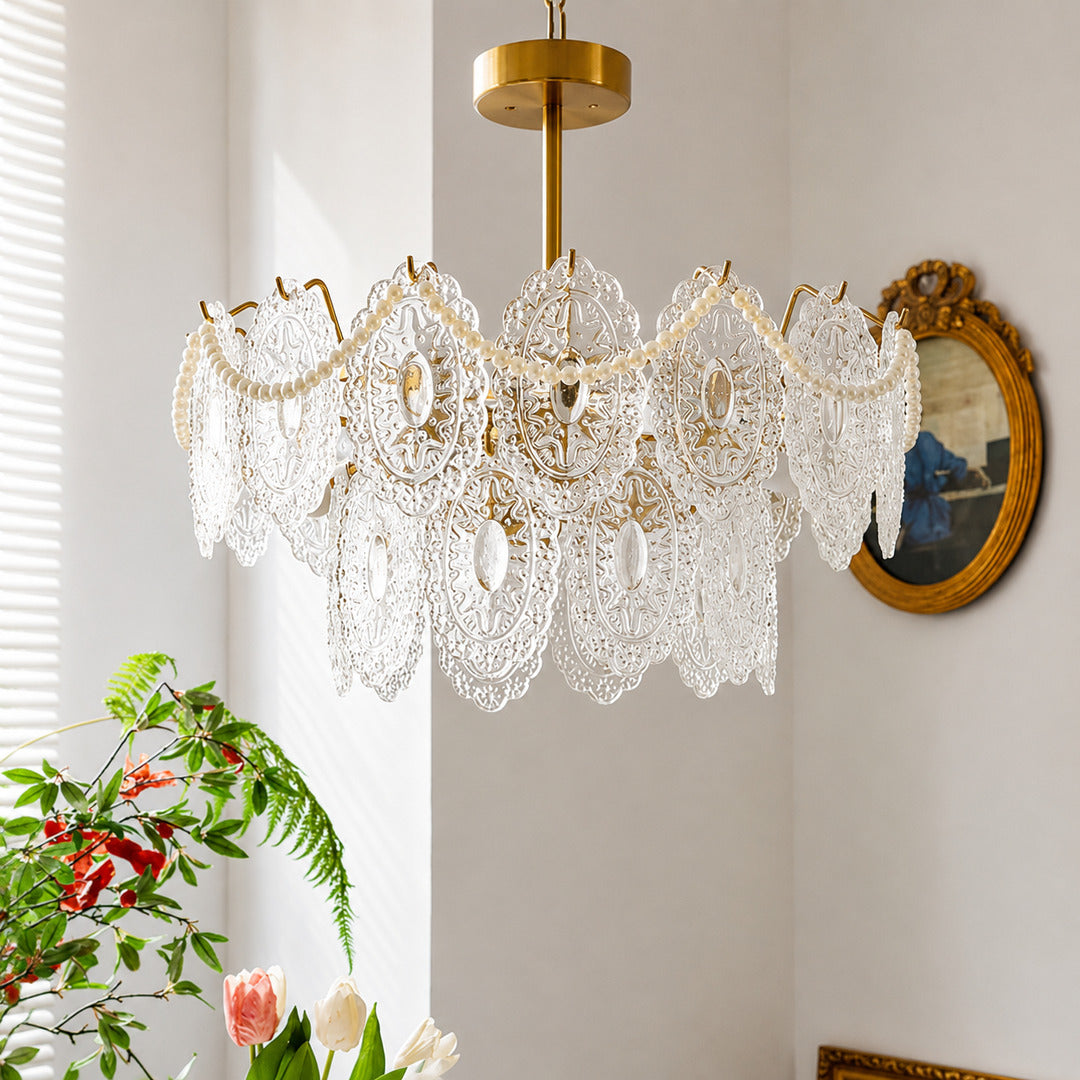 Close-up of the rippled lace-pattern glass panels on the Merletto chandelier