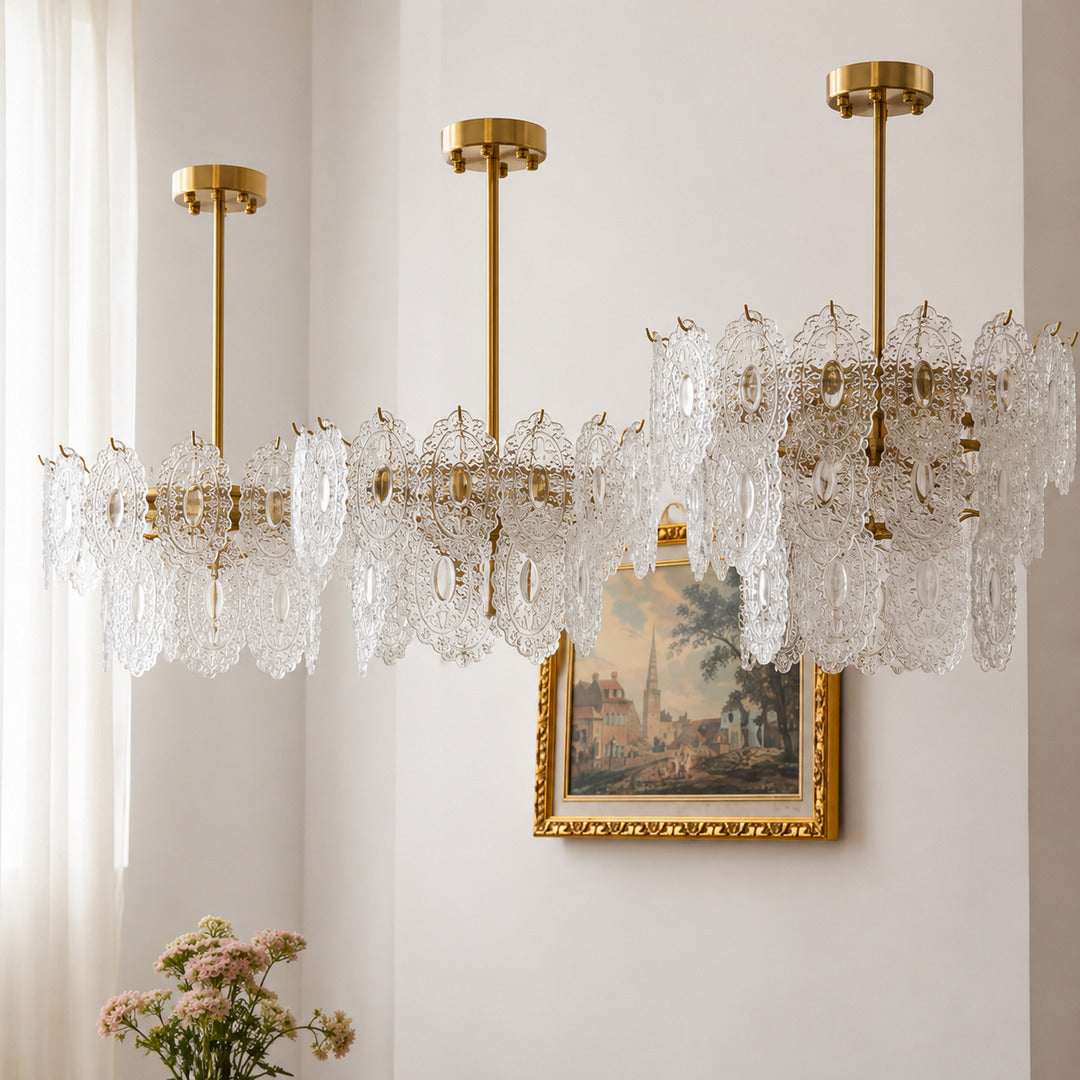 Two-layer and three-layer Merletto glass chandeliers shown side by side