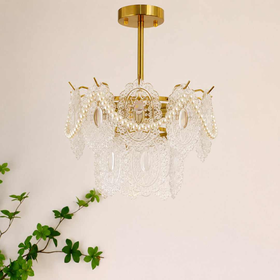 Close-up of the rippled lace-pattern glass panels on the Merletto chandelier