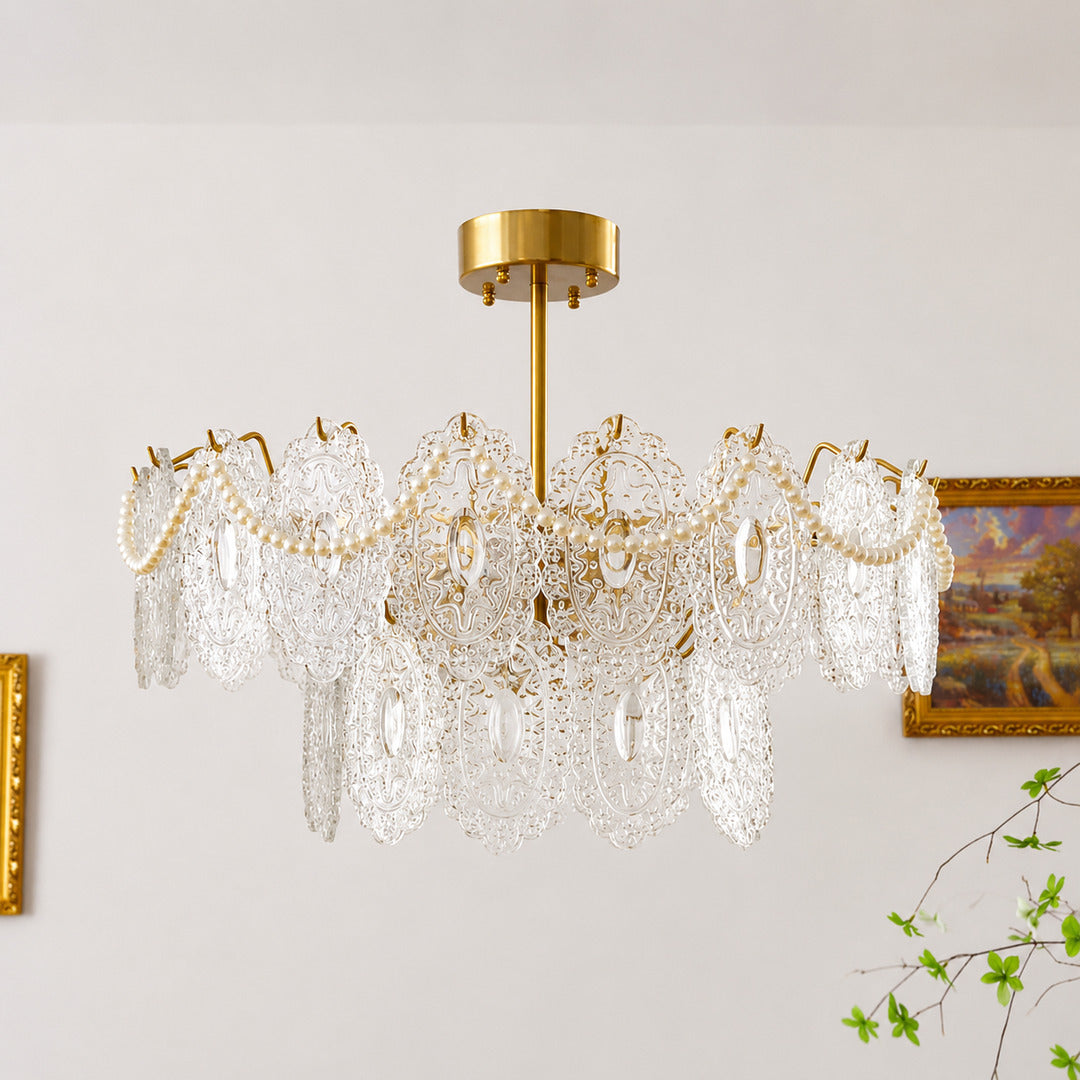 Detail of the pearl-style bead strands draped on the Merletto glass chandelier