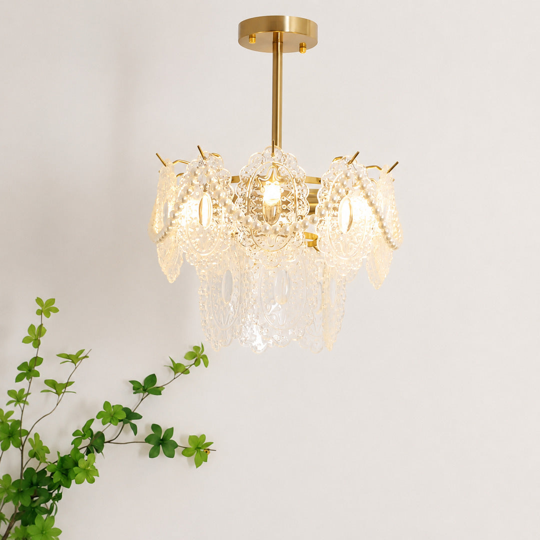 Two-layer 16.5-inch Merletto glass chandelier with pearl-style bead strands