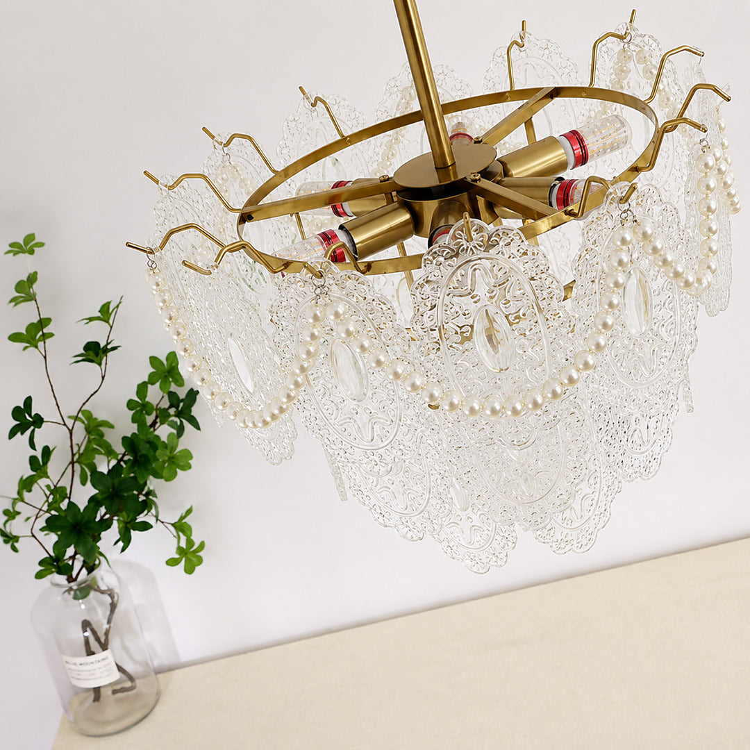 Close-up of the rippled lace-pattern glass panels on the Merletto chandelier