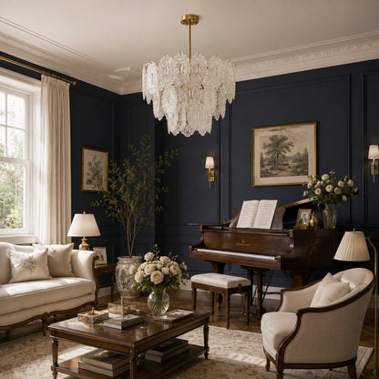 Three-layer Merletto glass chandelier as a living room centerpiece