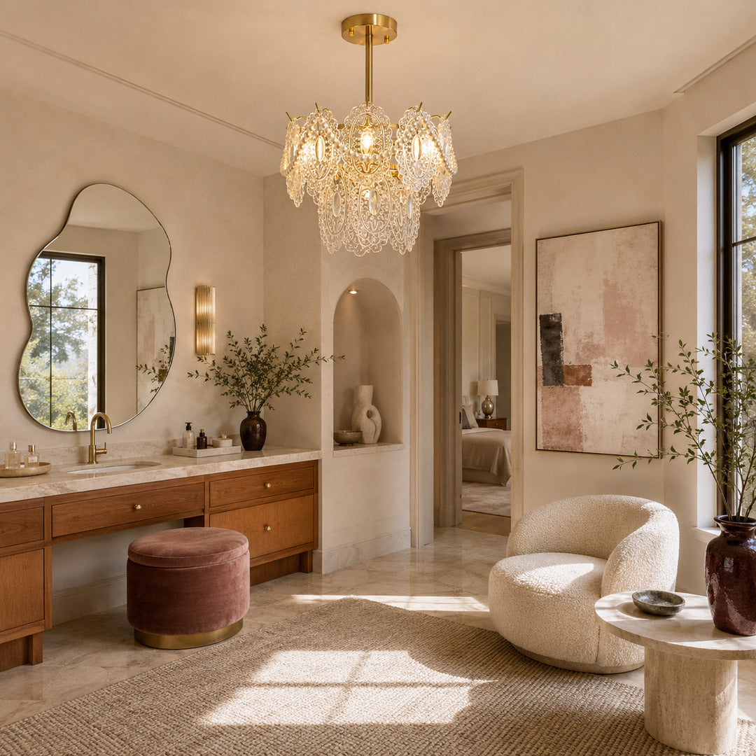 Merletto pearl glass chandelier adding charm to a walk-in closet dressing area