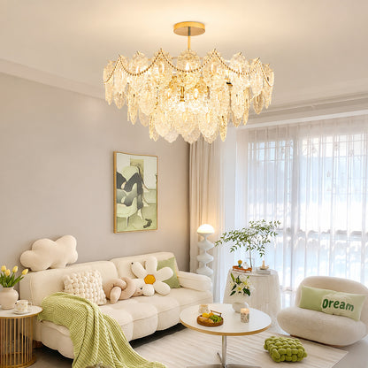 Three-layer Merletto glass chandelier as a living room centerpiece
