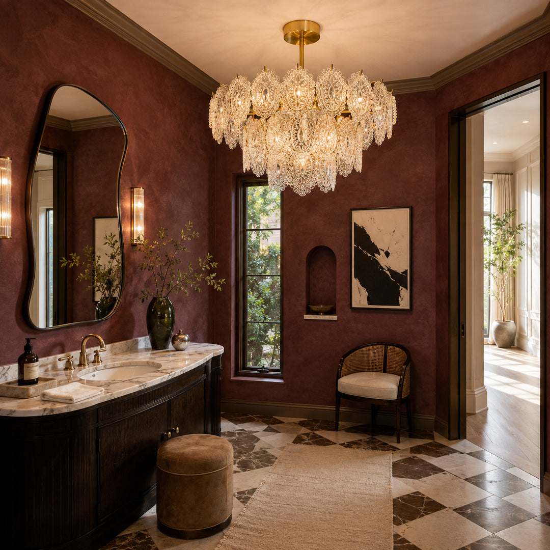 Merletto pearl glass chandelier adding charm to a walk-in closet dressing area