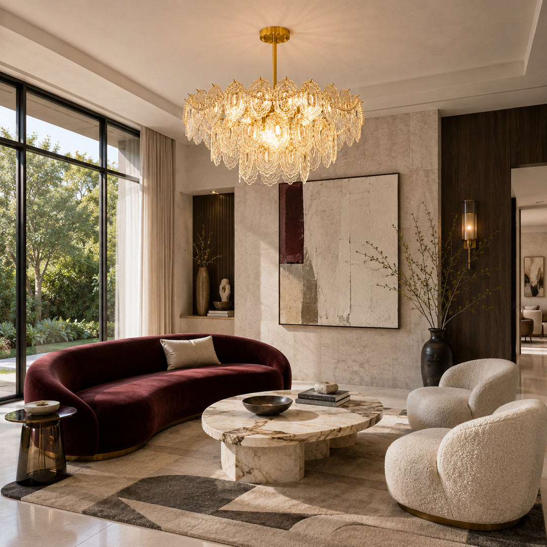 Three-layer Merletto glass chandelier as a living room centerpiece