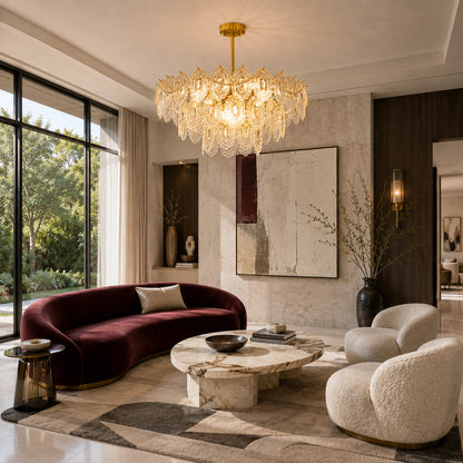 Three-layer Merletto glass chandelier as a living room centerpiece