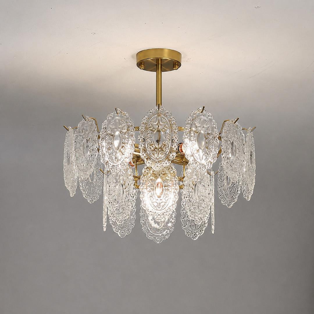 Two-layer 16.5-inch Merletto glass chandelier with clear rippled glass panels