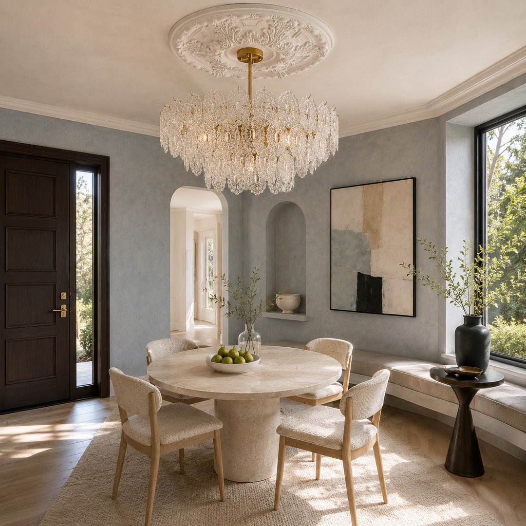 Small Merletto glass chandelier above a breakfast nook beside the kitchen