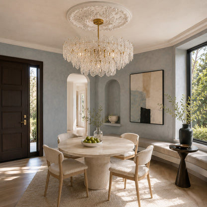 Small Merletto glass chandelier above a breakfast nook beside the kitchen