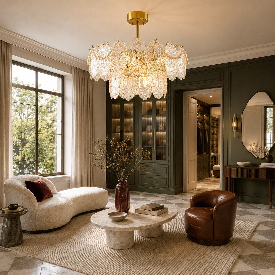 Three-layer Merletto glass chandelier as a living room centerpiece