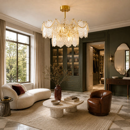 Three-layer Merletto glass chandelier as a living room centerpiece