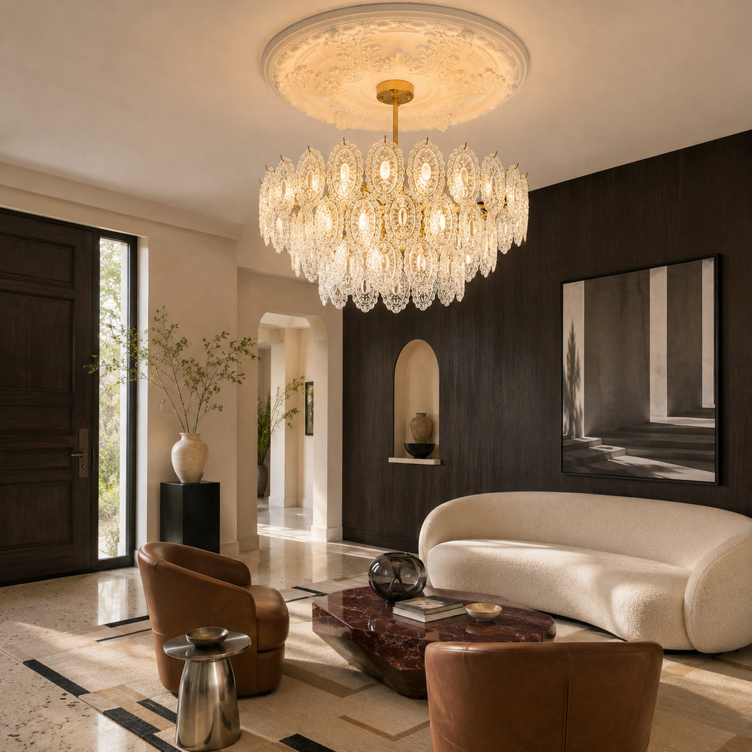 Three-layer Merletto glass chandelier as a living room centerpiece