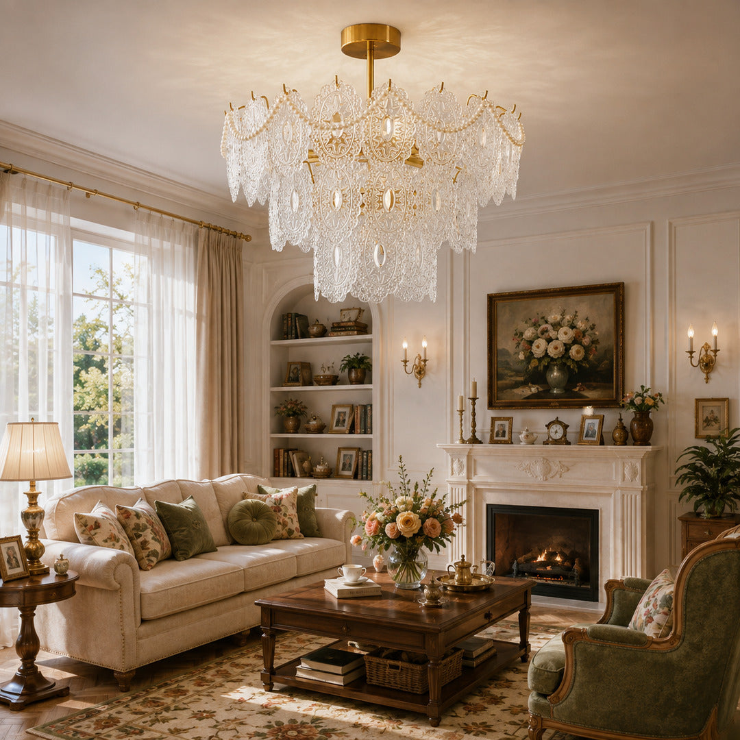 Three-layer Merletto glass chandelier as a living room centerpiece