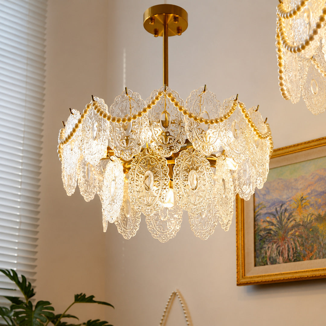 Two-layer 19.7-inch Merletto glass chandelier with pearl-style accents