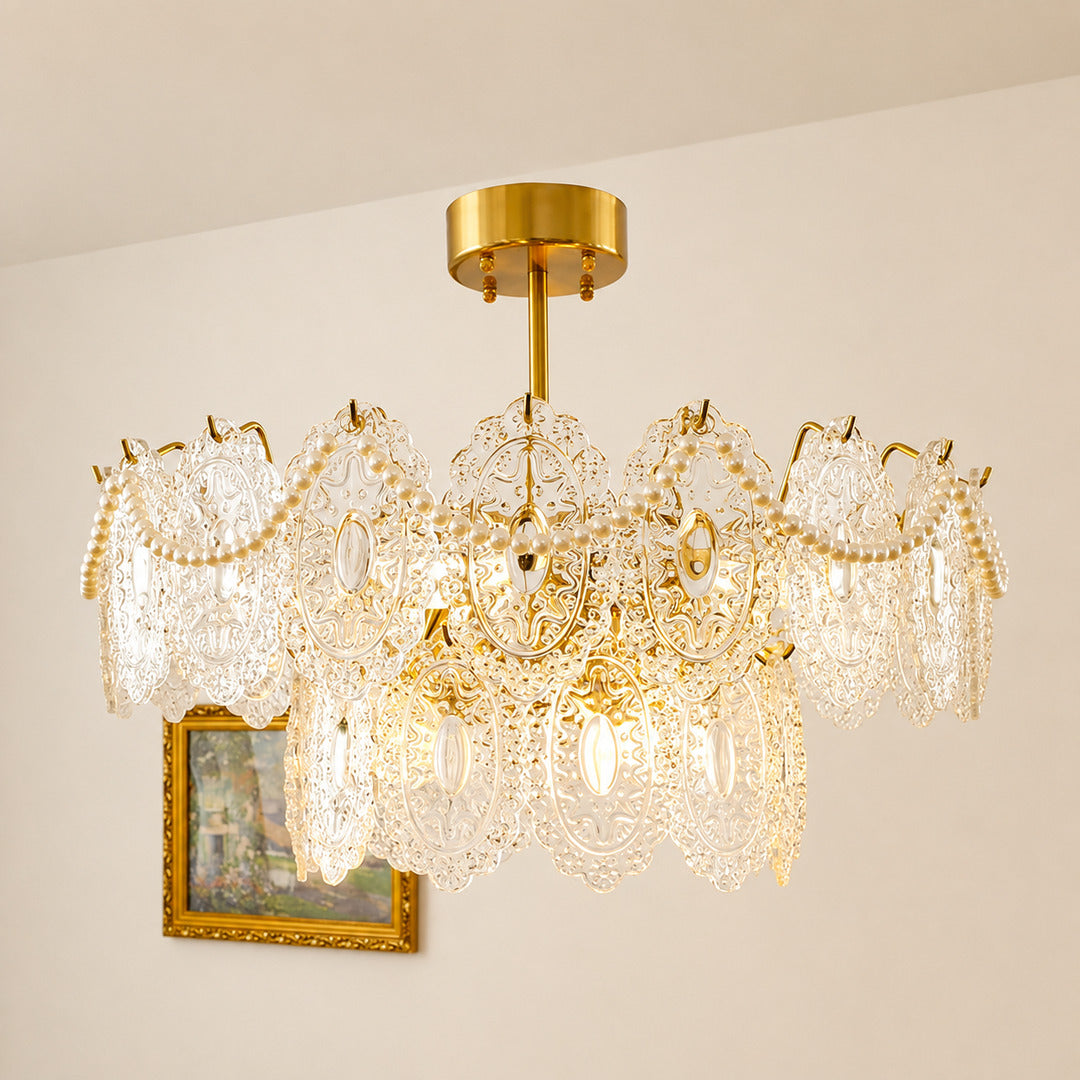 Two-layer 23.6-inch Merletto glass chandelier with pearl-style accents