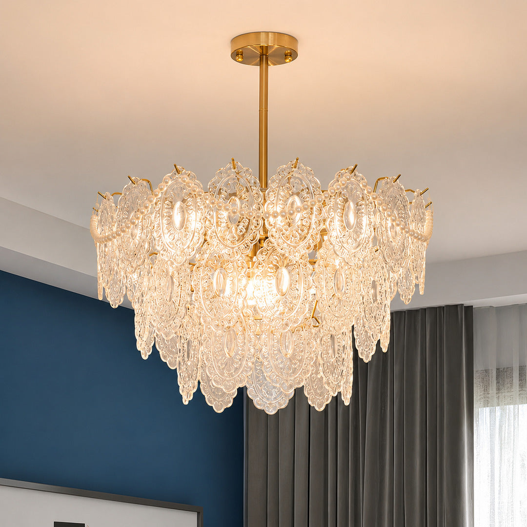 Three-layer 23.6-inch Merletto tiered glass chandelier with pearl-style accents