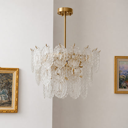 Three-layer 23.6-inch Merletto tiered glass chandelier with rippled glass panels