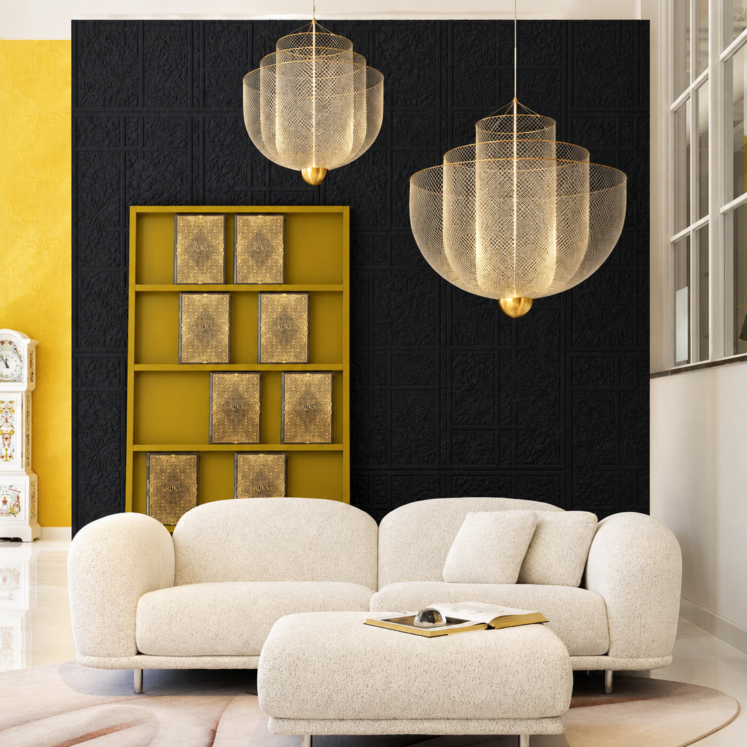 Gold Meshmatics chandelier as a sculptural centerpiece in a modern living room