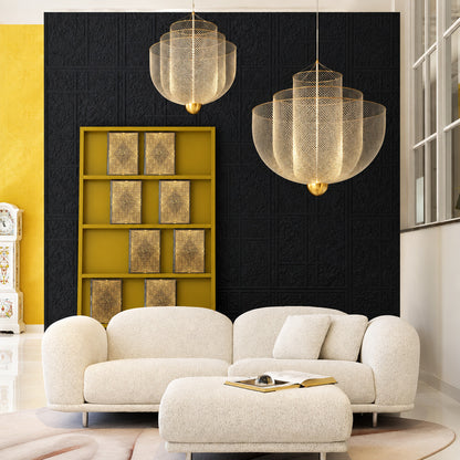 Gold Meshmatics chandelier as a sculptural centerpiece in a modern living room