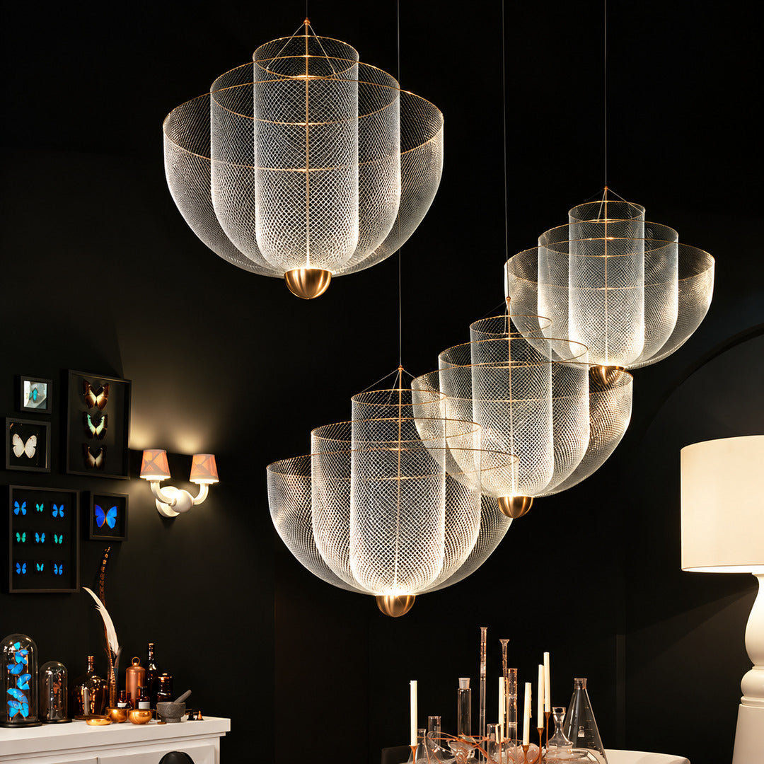 Row of Meshmatics chandeliers over tables in an upscale restaurant