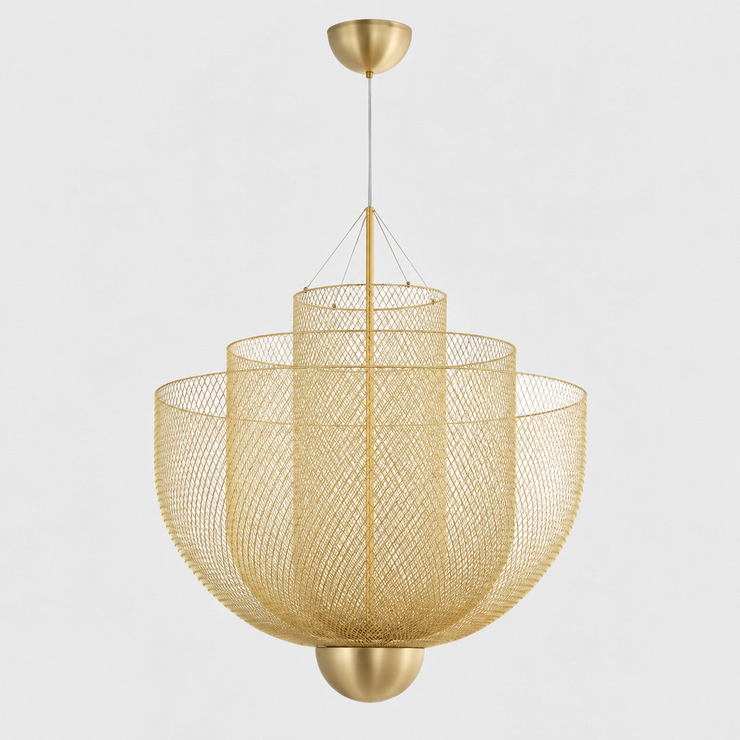 Large 31.5-inch gold Meshmatics chandelier as a statement over a long dining table