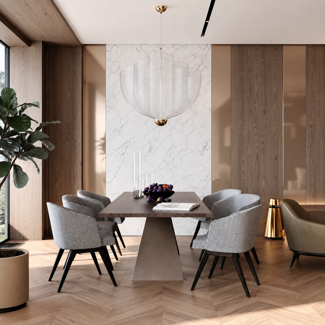 Row of Meshmatics chandeliers over tables in an upscale restaurant