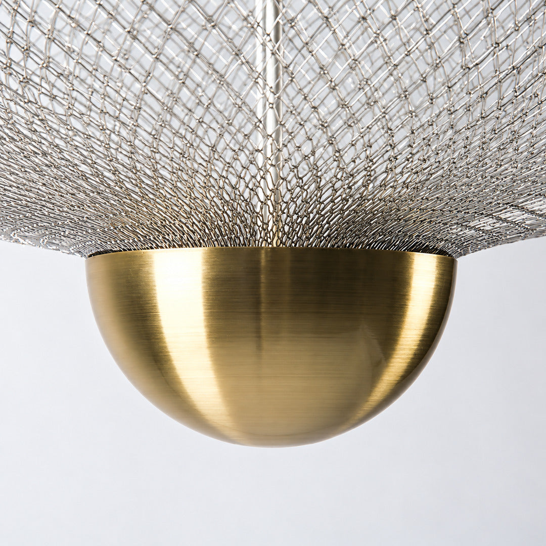 Close-up of the three-layer woven metal mesh globe of the Meshmatics chandelier