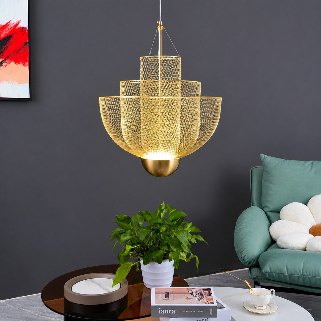 Small Meshmatics chandelier casting a warm glow over a corner reading nook