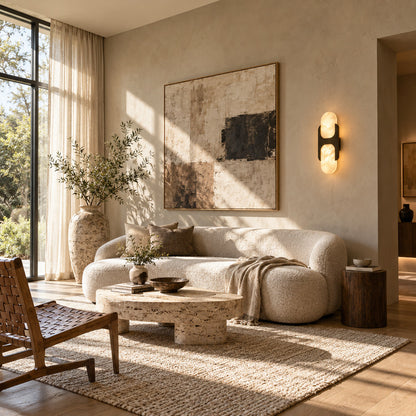 Mezzaluna alabaster wall sconce as a warm sculptural accent on a modern living room wall