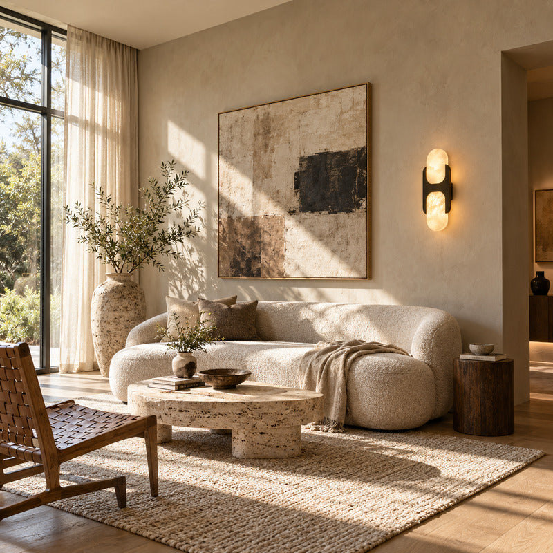 Mezzaluna alabaster wall sconce as a warm sculptural accent on a modern living room wall