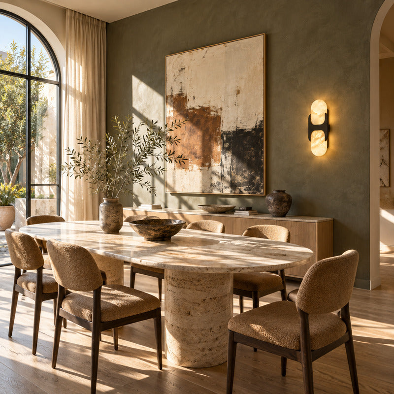 Antique brass Mezzaluna alabaster wall sconce adding a warm accent to a dining room wall