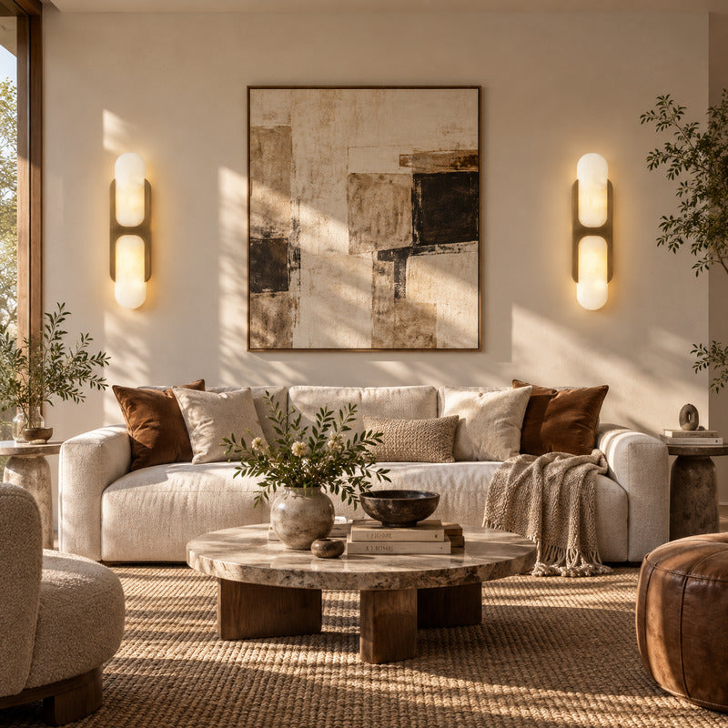Mezzaluna alabaster wall sconce as a warm sculptural accent on a modern living room wall