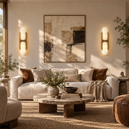 Mezzaluna alabaster wall sconce as a warm sculptural accent on a modern living room wall