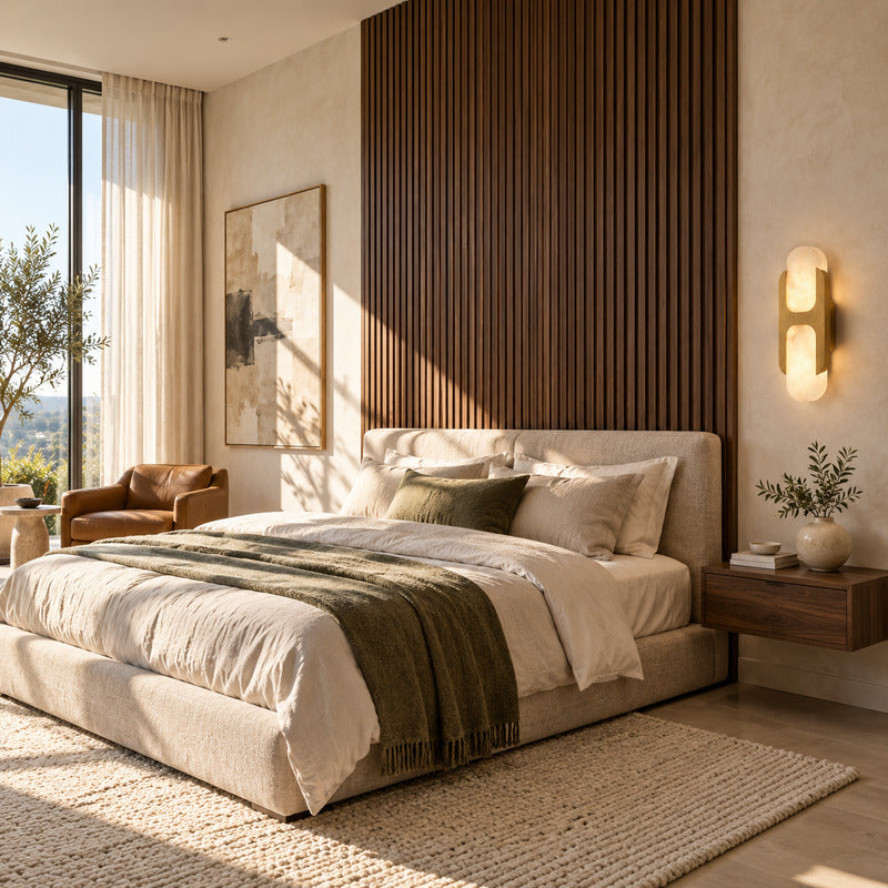 Pair of Mezzaluna alabaster wall sconces flanking a bed for warm symmetrical bedside lighting