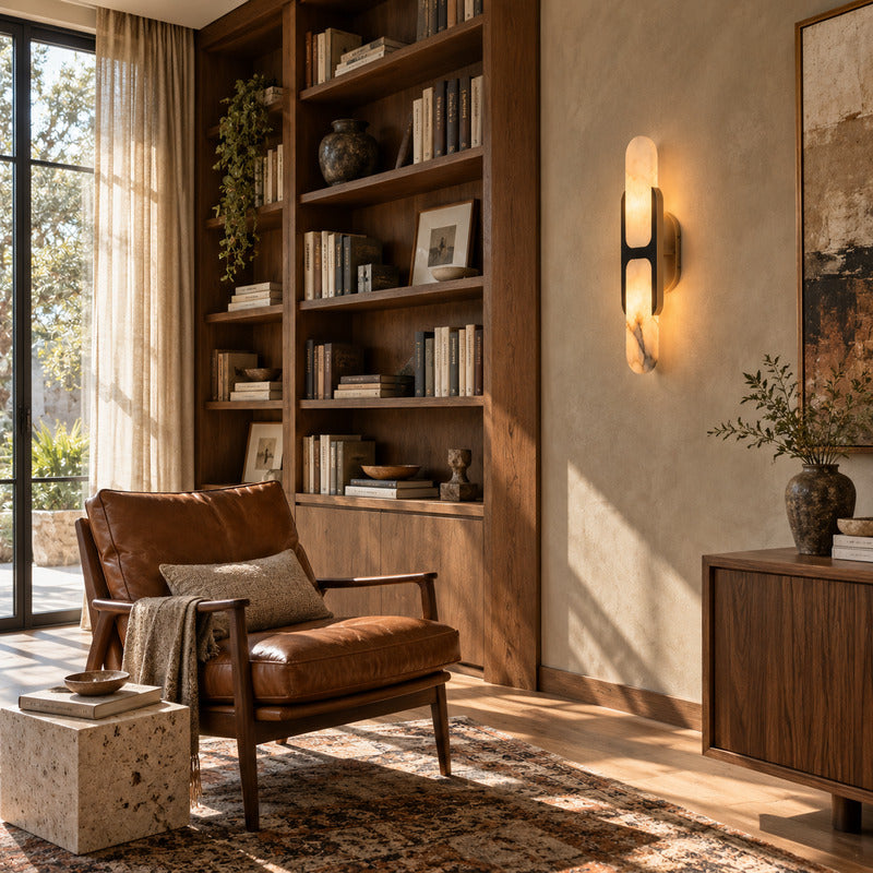 Two Mezzaluna alabaster wall sconces flanking a fireplace for a symmetrical warm glow