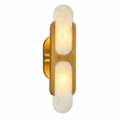 Close-up of the half-cylinder alabaster shade on the Mezzaluna wall sconce lit from within