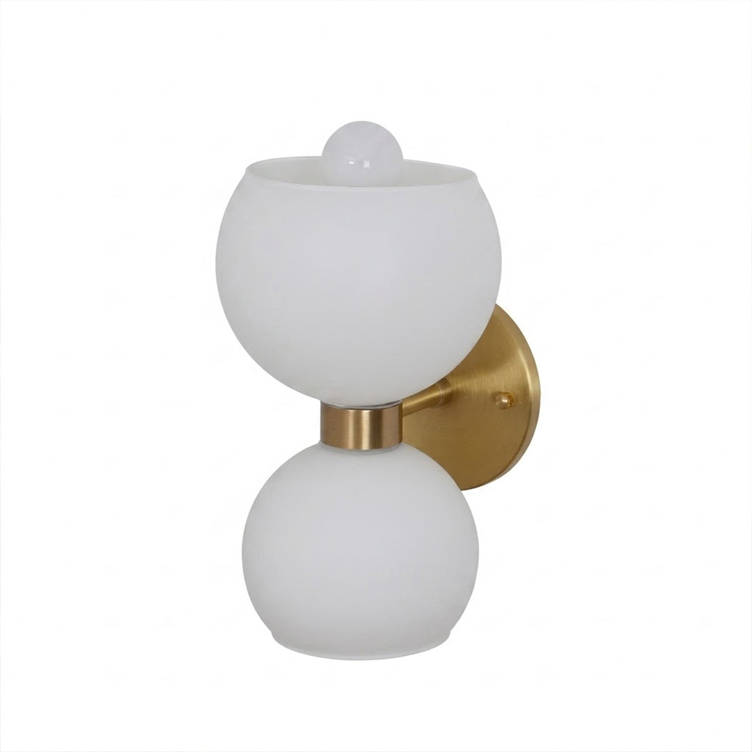 Mira mid century wall sconce brass arm white glass shade modern classic white background