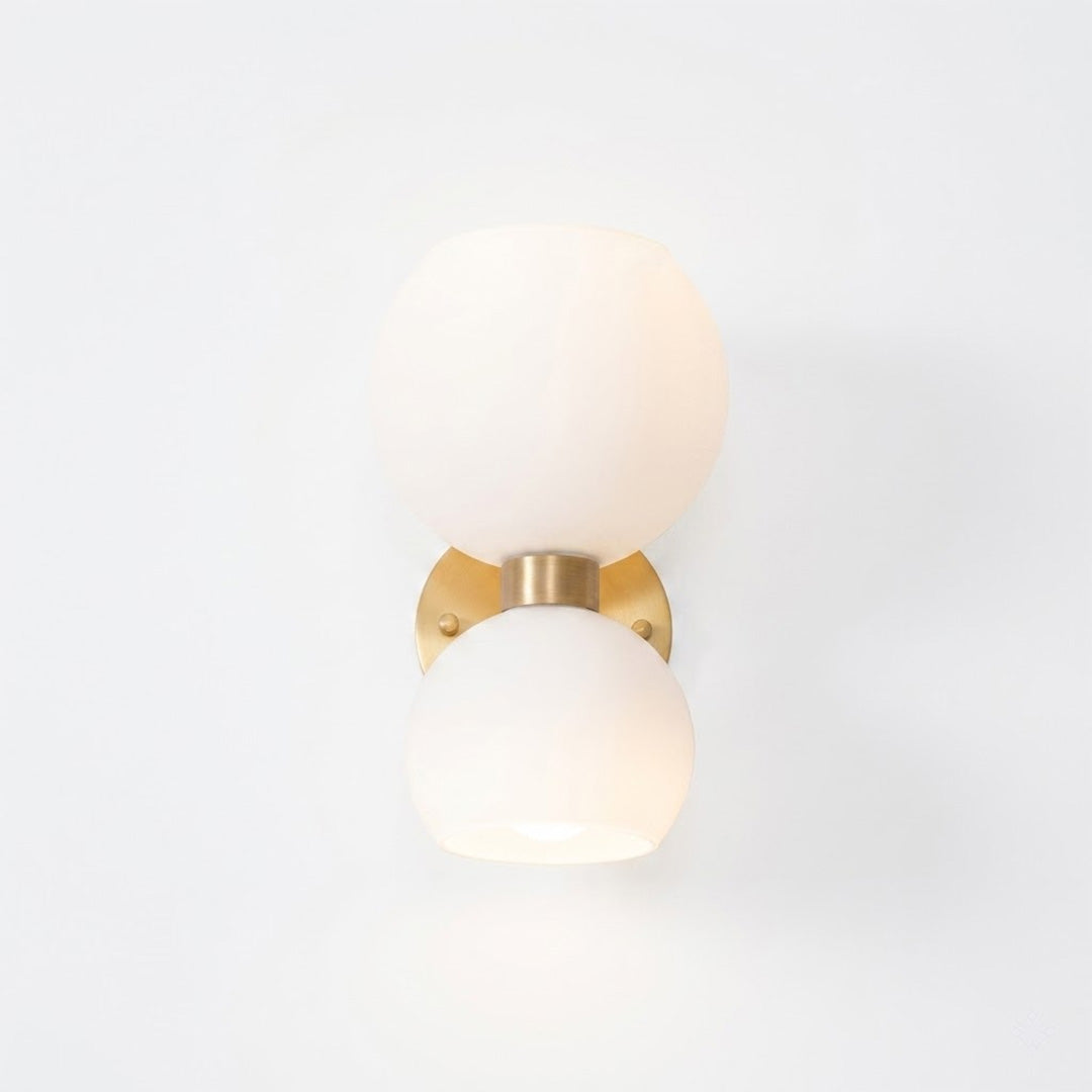 Mira mid century wall sconce brass arm white glass shade modern classic white background
